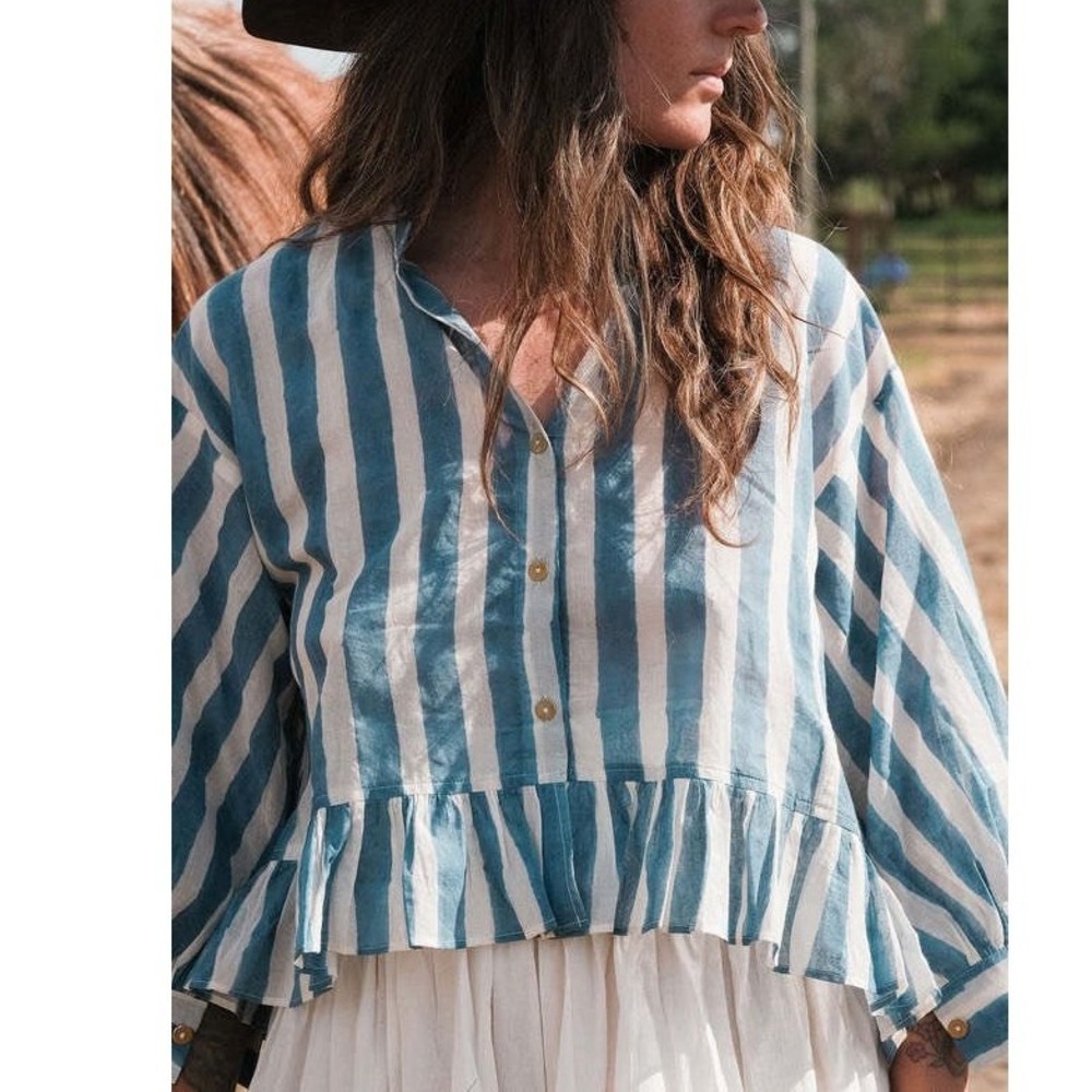 World of Crow Scarlet Frill Top Women Small Blue Striped Peplum Blouse Cotton